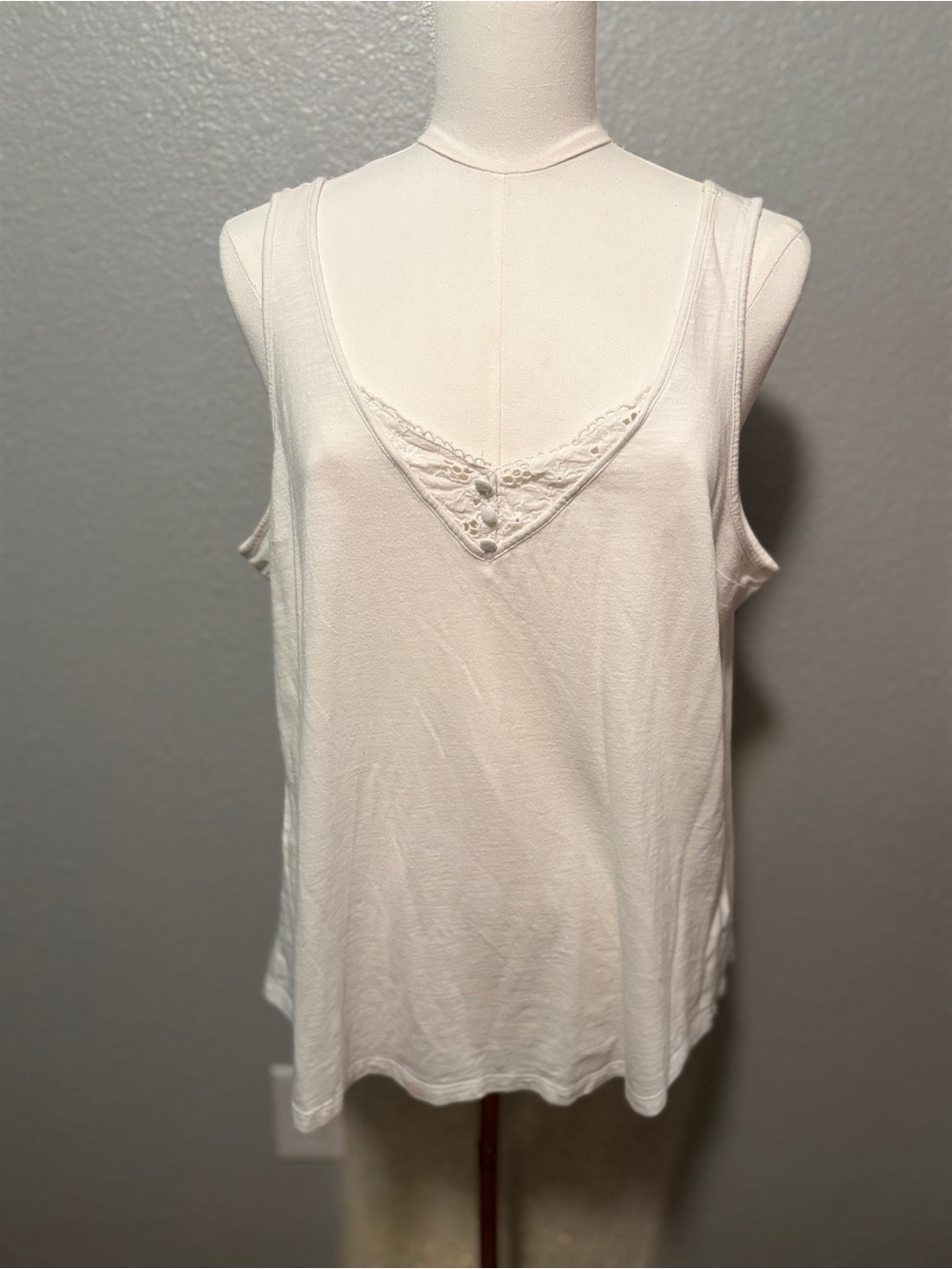 Maurices 24/7 white Lace and button V-Neck Tank Top